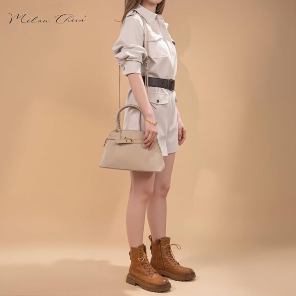 ⚡ Women's Cream Shoulder Strap Belted Top Handle Designer Crossbody Satchel Bag - Picture 2 of 7